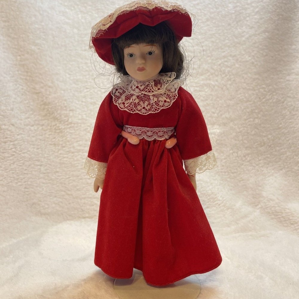 Vintage porcelain doll with stand Red Velvet Dress With Lace 8”
